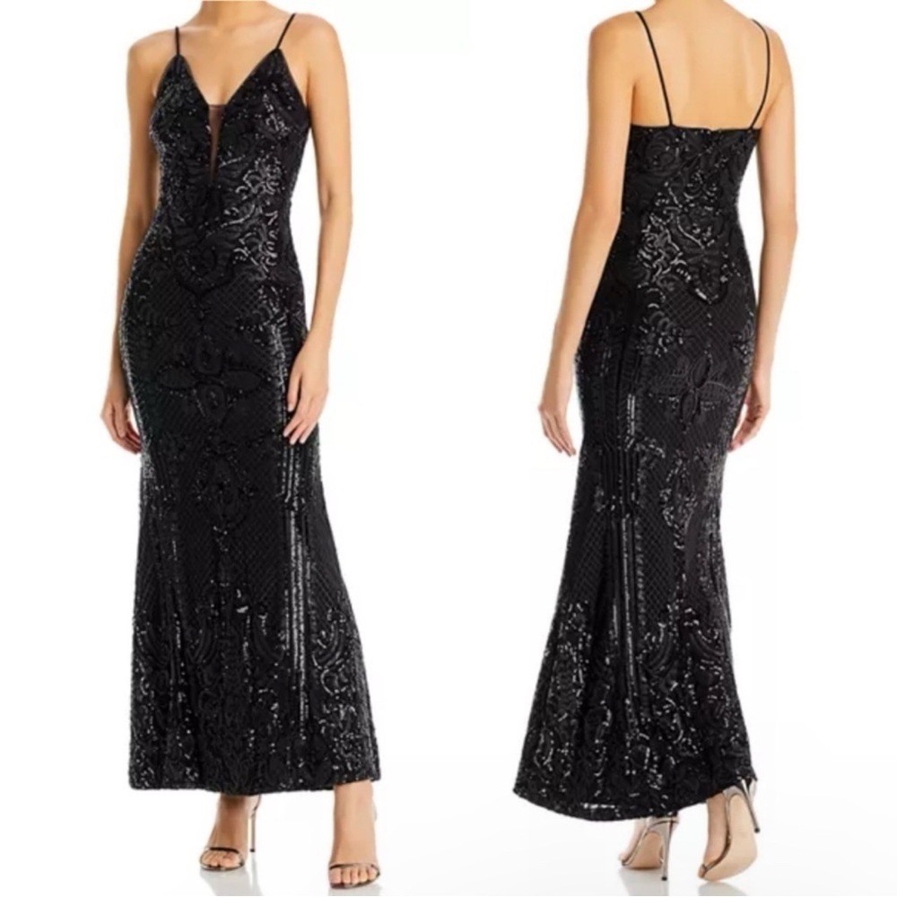 AQUA Sequined Long Gown in Black Size 6